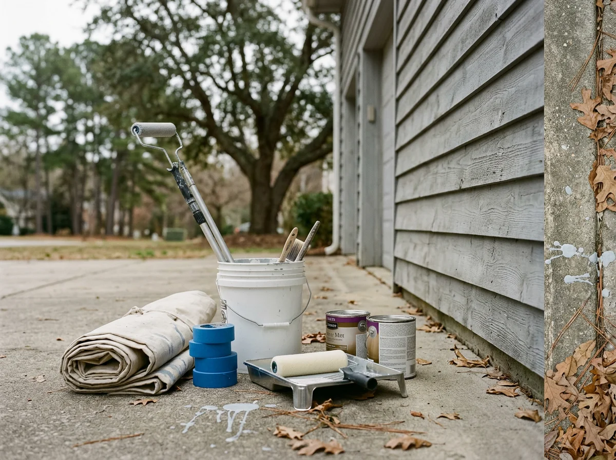 Painting tools and supplies arranged for a residential painting job in North Carolina. No people are visible in this environmental photo.