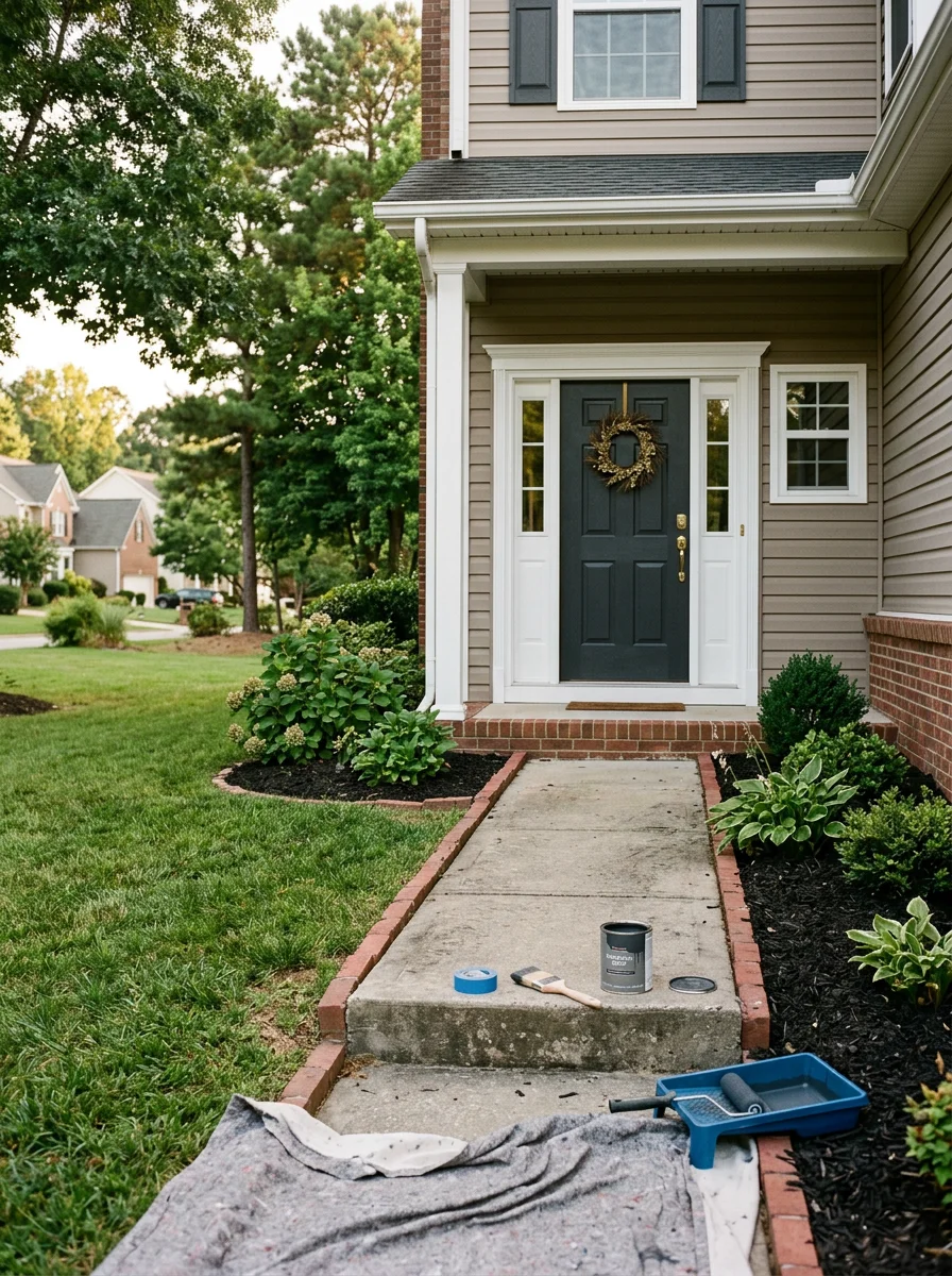 Freshly painted dark front door with white trim on a two-story home in an Apex, NC neighborhood.