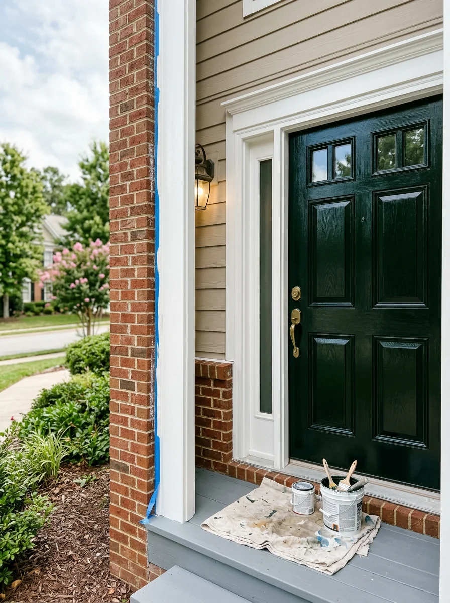 Close-up of freshly painted white trim and dark front door on a two-story home in a Cary, NC planned community.
