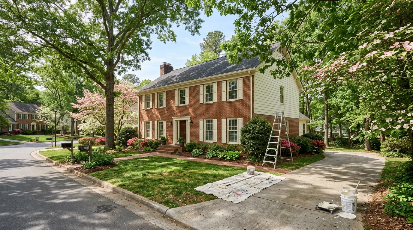 Painter applying exterior paint to a brick colonial home in a Cary, NC subdivision with mature trees lining the street.