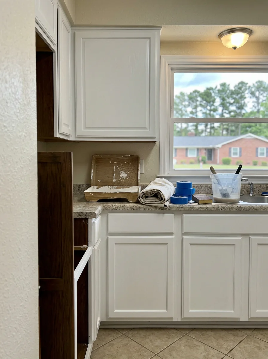 Freshly painted kitchen cabinets in a resale home in Fuquay-Varina, NC showing a clean white enamel finish.