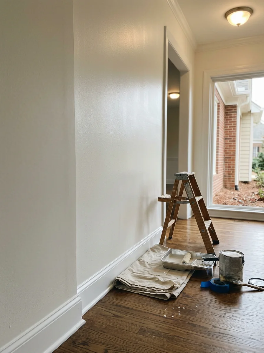 Freshly painted interior hallway with satin-finish walls and white trim in an established Garner, NC home.