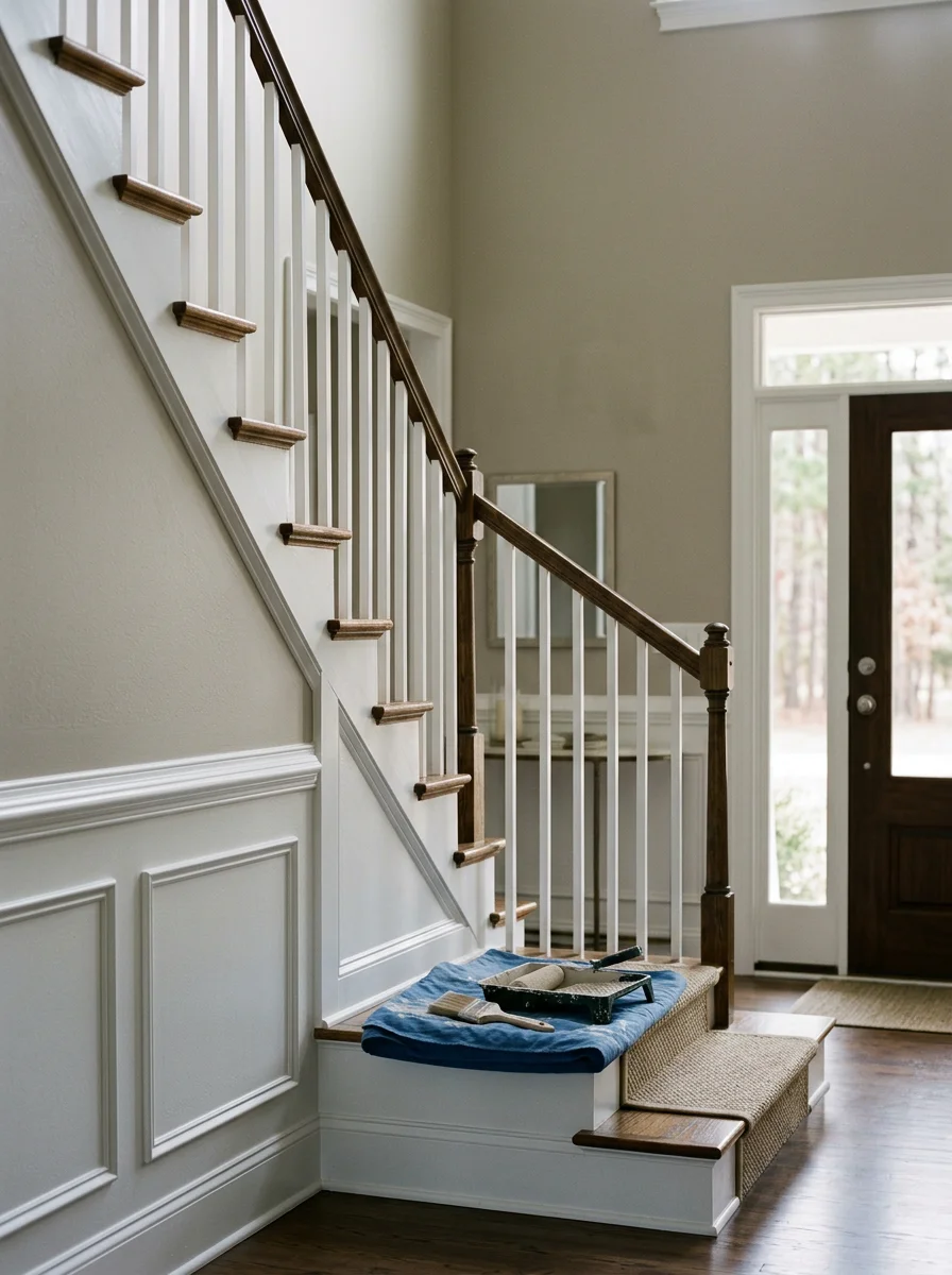 Freshly painted two-story foyer interior with white trim and a neutral wall color in a Holly Springs, NC home.