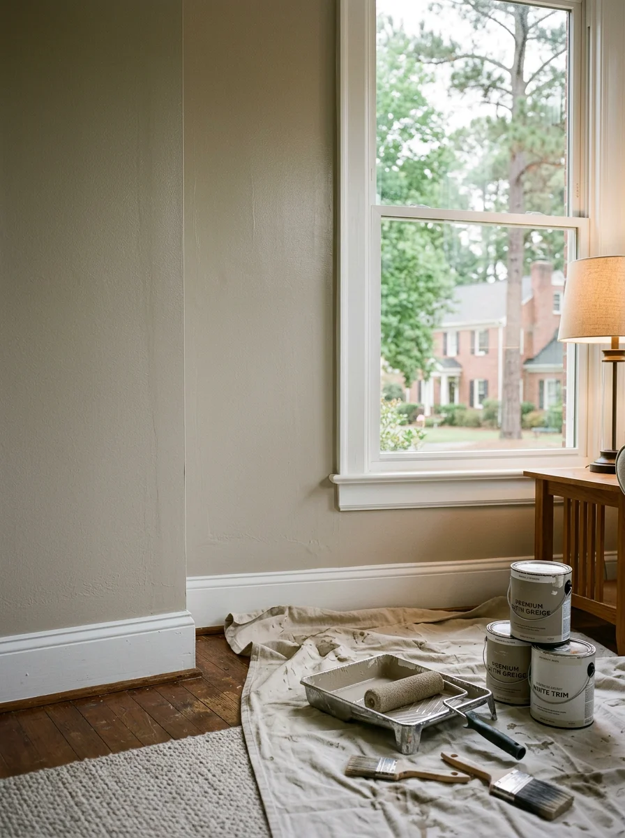 Freshly painted interior living room with crisp white trim and satin-finish walls in a North Raleigh colonial home.