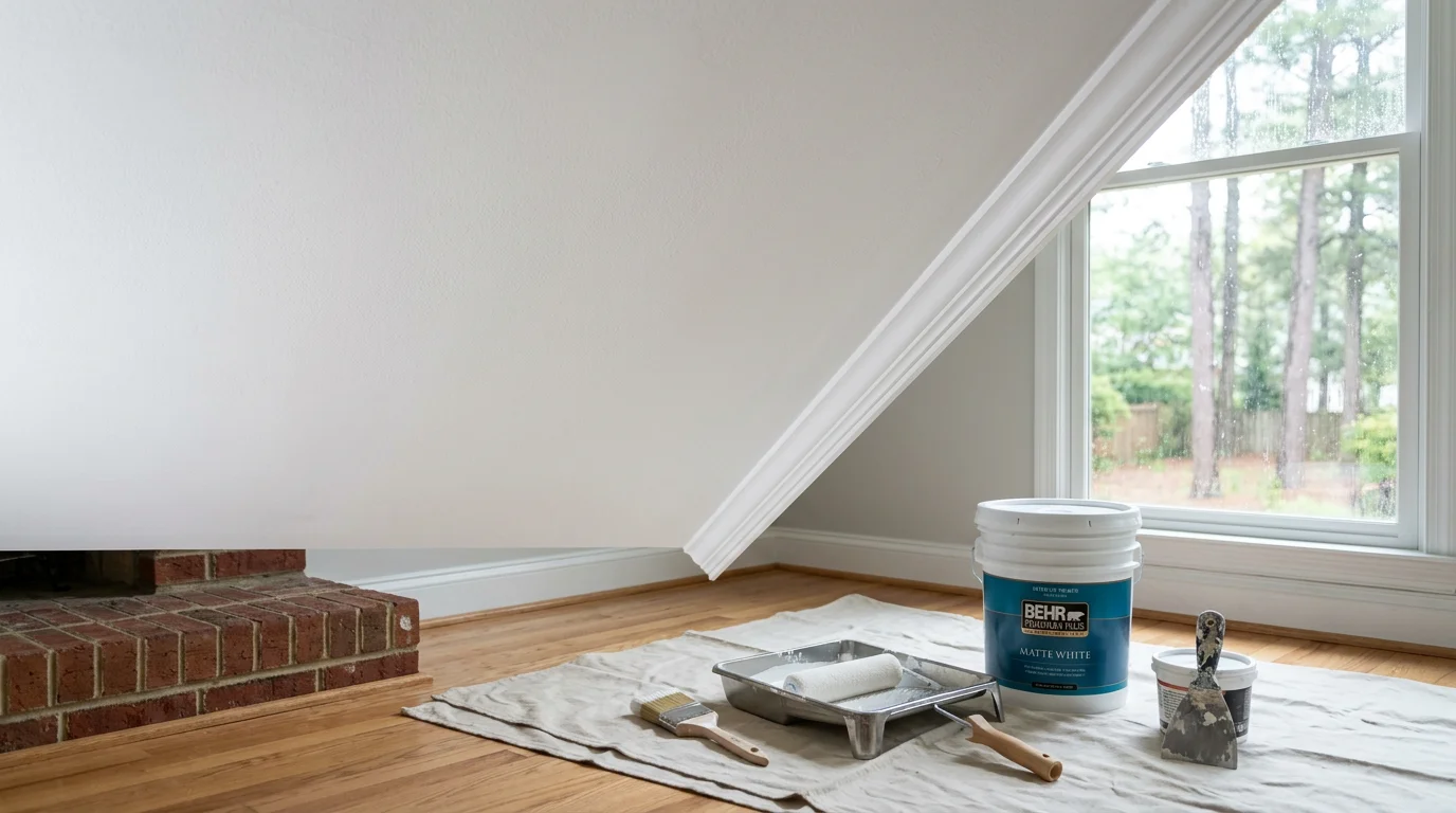 A freshly painted smooth white ceiling in a Cary, North Carolina home, showing clean edges where the ceiling meets the wall trim. The flat finish reflects no glare from the overhead light fixture, giving the room a bright and uniform look.
