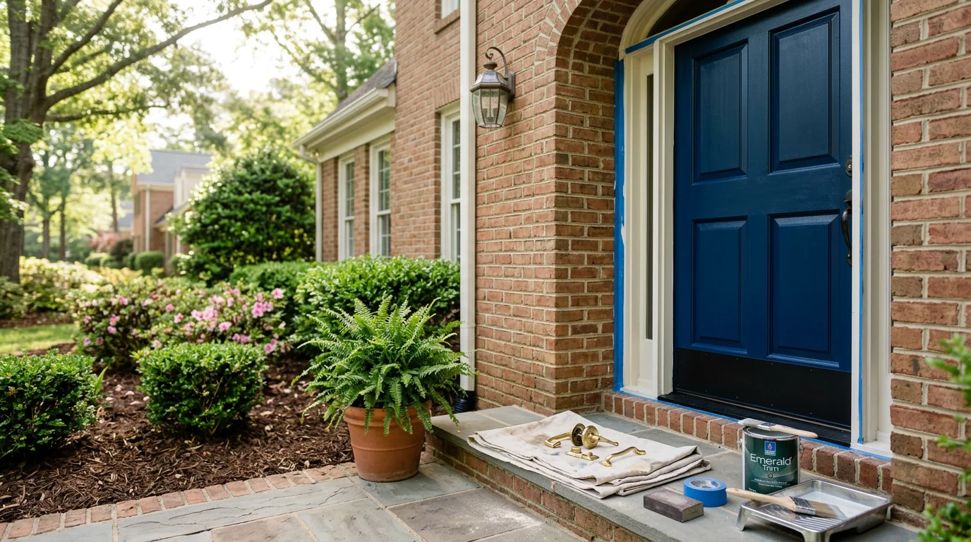 A freshly painted deep navy exterior front door on a residential home in Cary, North Carolina, with clean edges around the frame and hardware removed during painting. The surrounding trim is white and the door surface shows a smooth, even finish.