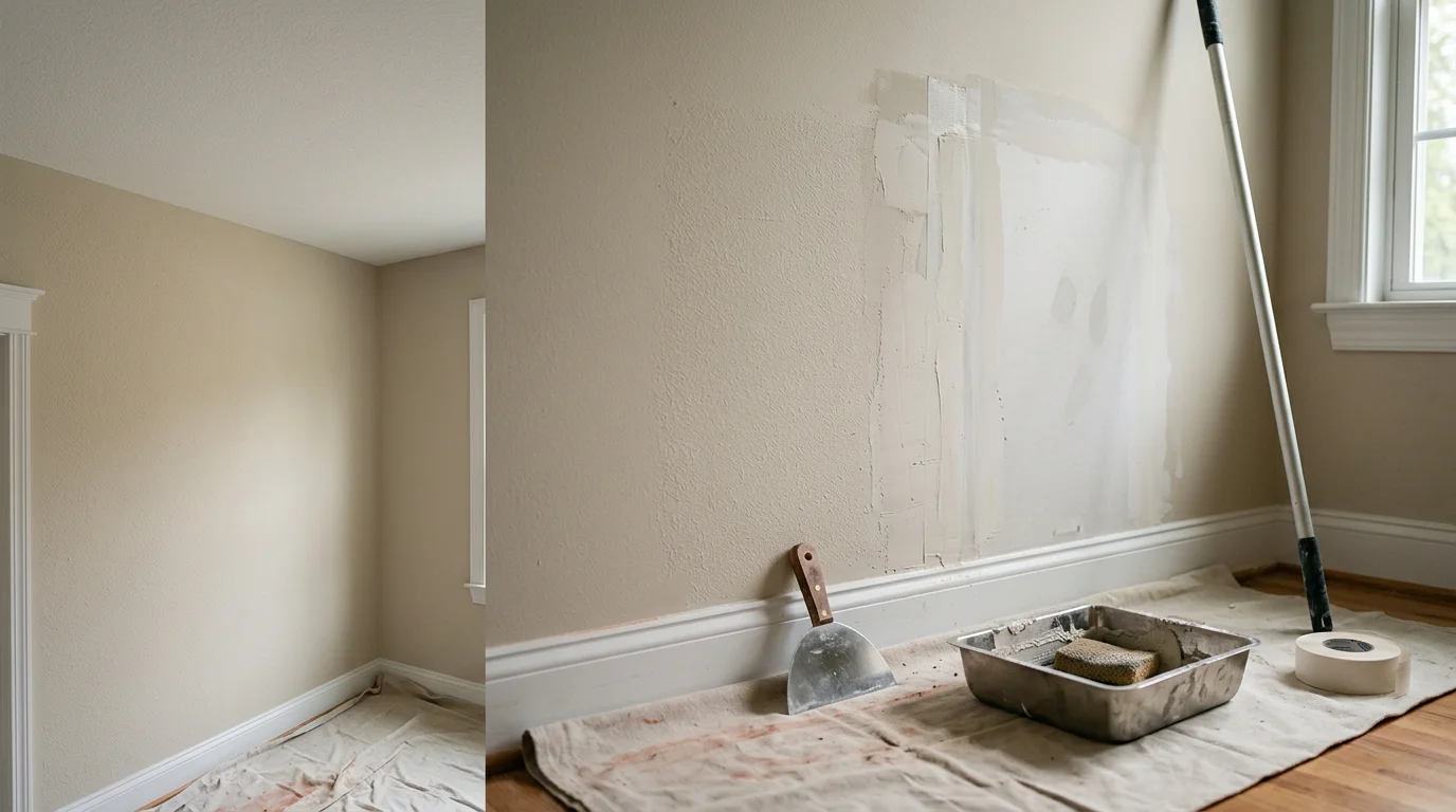 A freshly repaired and textured drywall wall section in a Cary, North Carolina home interior, with smooth joint compound blended seamlessly into the surrounding wall surface. The patched area shows no visible seams or ridges, ready for primer and paint.