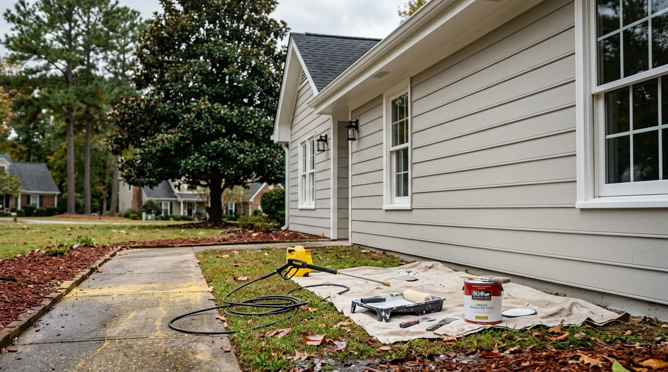 A freshly painted two-story home exterior in Cary, North Carolina, with clean siding, painted trim, and even color coverage across the facade. The project shows completed surface preparation and topcoat application on a residential property in the Triangle area.