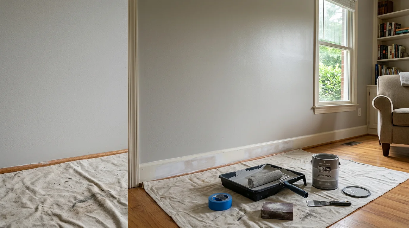 Interior wall painting in progress inside a Cary, North Carolina home, showing freshly painted walls in a living room with clean edges along the trim and baseboards. A painter applies a smooth satin finish coat to a neutral-toned wall in a well-lit residential space.