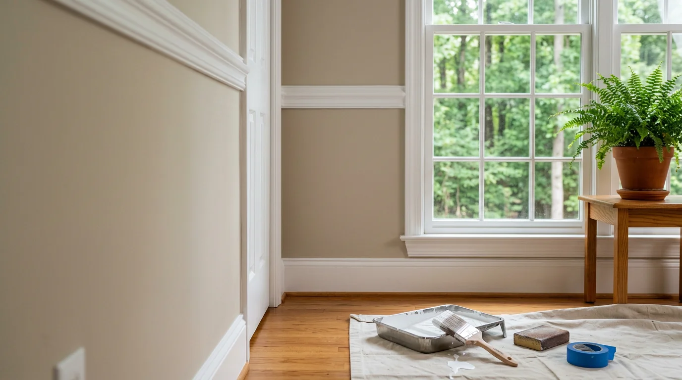 Freshly painted white exterior trim on a two-story home in Cary, North Carolina, with clean lines along window casings and fascia boards. Close-up view showing smooth paint finish on wood trim against a neutral-colored siding exterior.